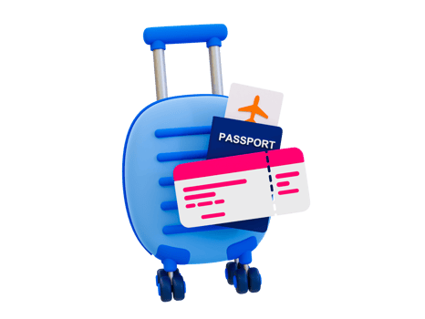 3d minimal Luggage with a passport, airplane ticket, and credit card. Holiday travel trip. 3d illustration. png
