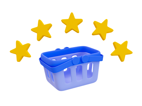 3d minimal Shopping basket with five stars. service rating concept. 3d rendering illustration. png
