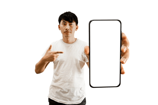 Asian Man Hand Pointing At Empty White Smartphone Screen png