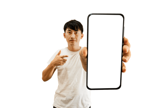 Asian Man Hand Pointing At Empty White Smartphone Screen png