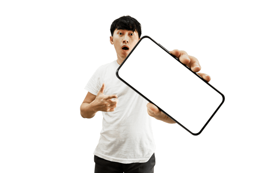 Asian Man Hand Pointing At Empty White Smartphone Screen png