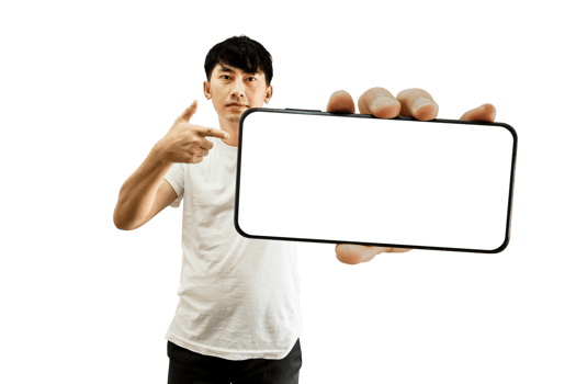 Asian Man Hand Pointing At Empty White Smartphone Screen png