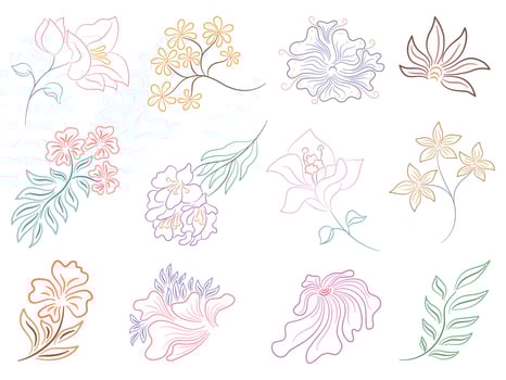 Flowers line arts collection designed in doodle style on a white background for spring theme decoration, wedding, card design, sticker, paper decoration, digital printing, bags patterns and more vector