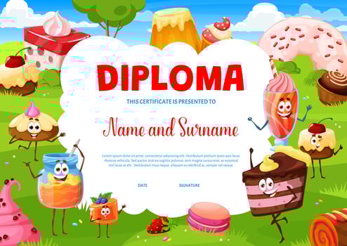 Kids diploma, cartoon sweets, desserts and cakes vector