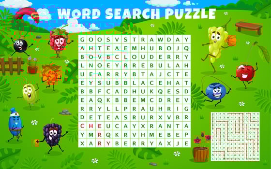 Cartoon berry characters on summer party, puzzle vector