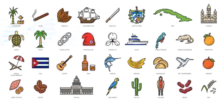 Cuba outline icons, Havana travel landmarks vector