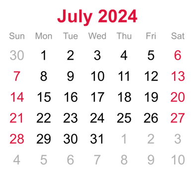 Monthly calendar of July 2024 on transparent background png