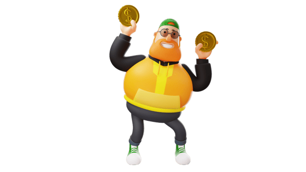 3D illustration. Rich Fat Man 3D Cartoon Character. The rich man holds gold coins in both hands. Rich man smiling happily. 3D Cartoon Character png
