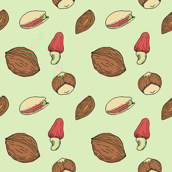 Seamless pattern with Nuts hand drawn doodle - walnut, hazelnut, almond and pistachio. vector