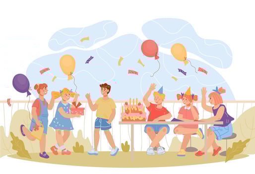 Summer children birthday backyard party scene with cartoon characters of happy kids.Suburb neighborhood joint birthday celebration and children party, flat vector illustration isolated.