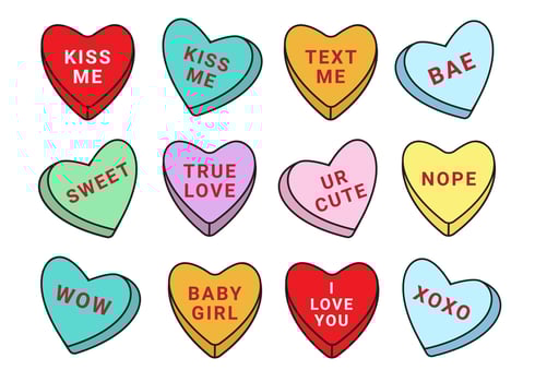 Vector set bundle of different color Valentines candy with love text