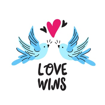 Love Wins lettering with dove birds composition., white background. vector