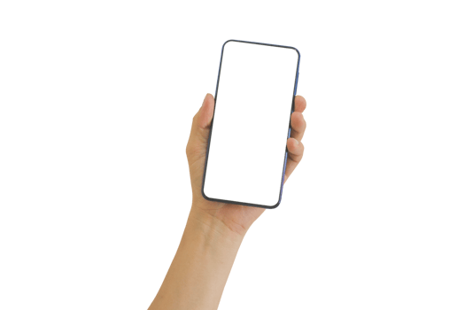 Hand holding mobile phone with blank transparent screen and background- PNG format.