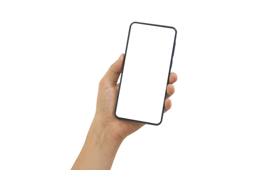 Hand holding mobile phone with blank transparent screen and background- PNG format.