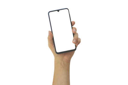 Hand holding mobile phone with blank transparent screen and background- PNG format.