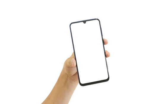 Hand holding mobile phone with blank transparent screen and background- PNG format.