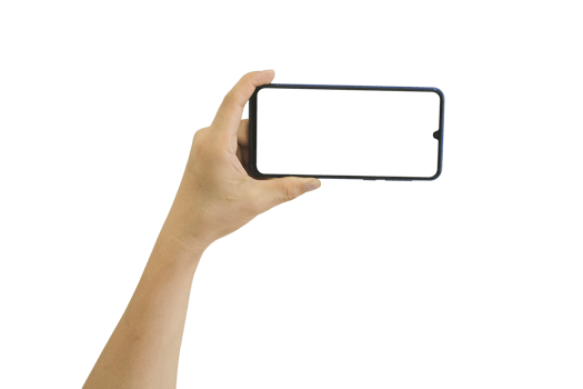 Hand holding mobile phone with blank transparent screen and background- PNG format.