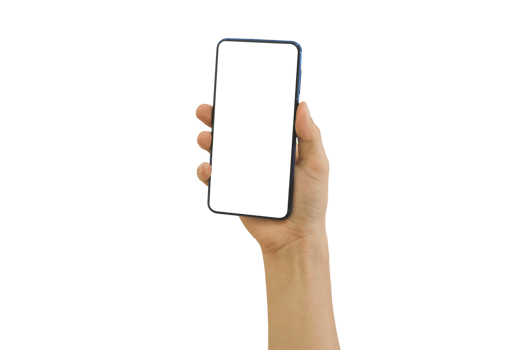 Hand holding mobile phone with blank transparent screen and background- PNG format.