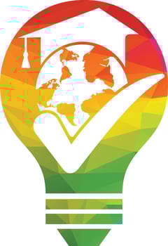 Education world vector logo template with globe and student hat symbol.