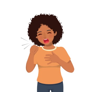 Sick young African woman coughing because of cold, fever, bronchitis, asthma, allergy and respiratory diseases symptoms vector