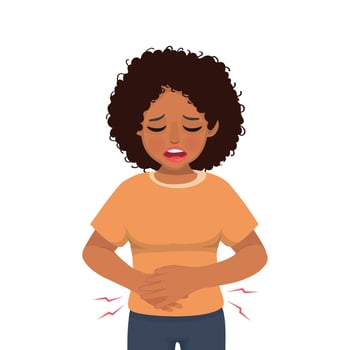 Young African woman suffering from stomachache, diarrhea, indigestion problem, abdominal pain, food poisoning, nausea, gastritis or bloating vector