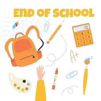 End of school. Poster banner end of school. Last day of school Graduates throw school items in the air. Vector illustration. Flat cartoon style.