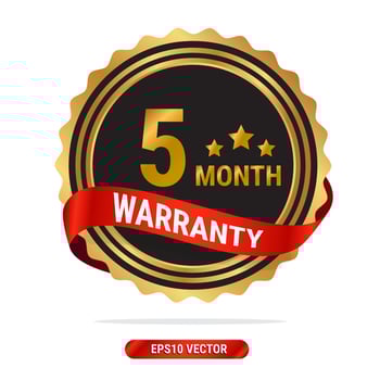 5 month warranty golden seal, stamp, badge, stamp, sign, label with red ribbon isolated on white background. vector