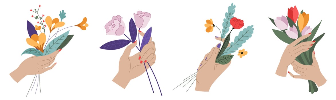 Female hands holding flowers and bouquets vector