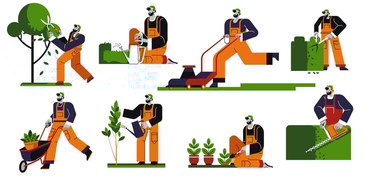 Gardening man cutting tree leaves, bushes twigs vector