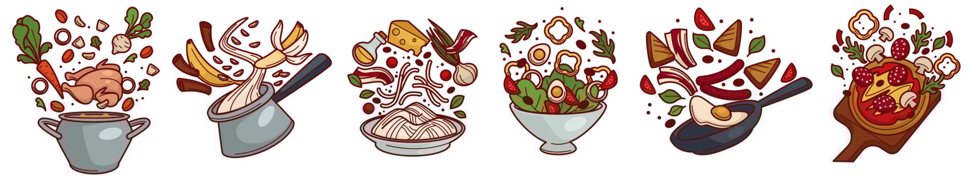 Cooking and preparing food, recipes and menu set vector