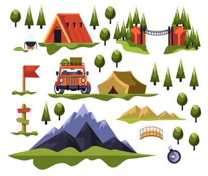 Summer camp, traveling in tent outdoors activities vector