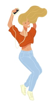 Teenager female listening to music and dancing vector