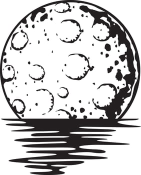 Full Moon Reflecting Over the Sea or Ocean. Black and White Vector Illustration.