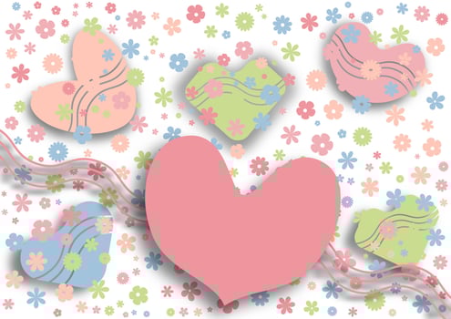 Paper-cut hearts and flowers, cute colors, vector illustrations.