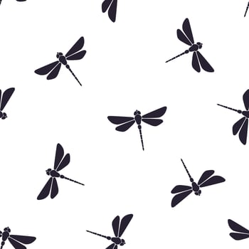 Seamless pattern with silhouettes of flying dragonfly with a straight body on white background vector