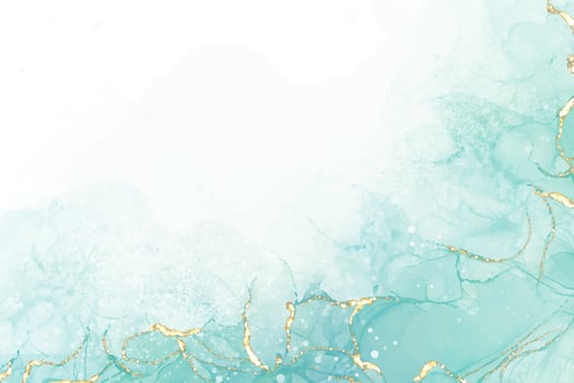 Pastel cyan mint liquid marble watercolor background with gold lines and brush stains. Teal turquoise marbled alcohol ink drawing effect. Vector illustration backdrop, watercolour wedding invitation.