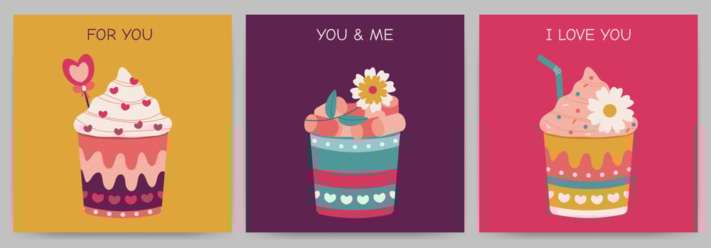 Set of postcards Happy Valentine's Day, invitations, declarations of love with circles, flowers, branches, hearts and text. Vector illustration.