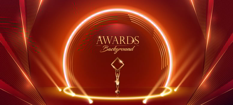 rophy on Red Carpet Product Display. Neon Effect Round Ring Energy Lights. Red Golden Award Background. Luxury Premium Stage Design. Side Corner Vortex Golden Dots. Show Opener Nomination slide. vector