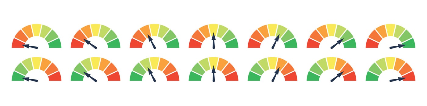Set of different colorful speedometers, meter gauge element, ratings of varying degrees of satisfaction. Level indicator collection. Vector isolated illustration