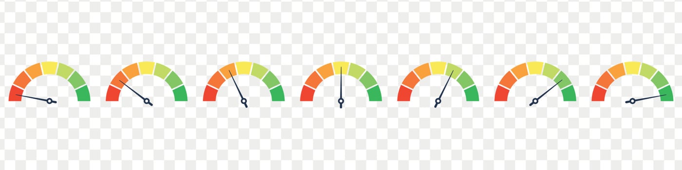 Set of speedometer, speed dial indicator. Green and red, low and high barometers,bad and good level or risk scale. Vector isolated illustration