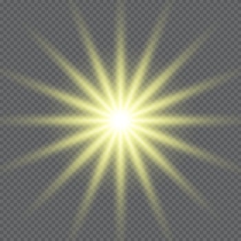 Gold glowing star. Realistic sun rays. Yellow sun ray glow abstract shine light effect. Yellow energy flash. Special lens flare light effect. Vector illustration