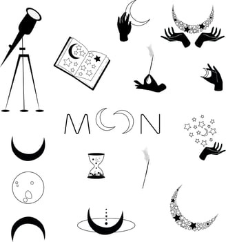 Big set of magic and astrological symbols. Vector illustrations of hand,moon,stars.  Vector logo or icon design in minimal style. Stickers, banner, decorations. Esoteric aesthetics.