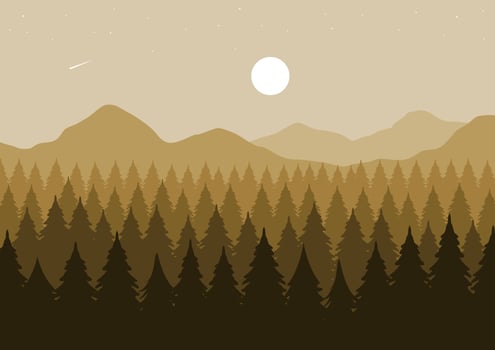 Pine forest in the mountains at night. Vector Illustration with the brown silhouette.