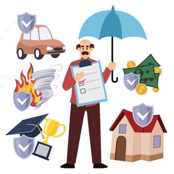 Collection set of insurance concept, care about retirement family life, assurance protection with shield and umbrella vector