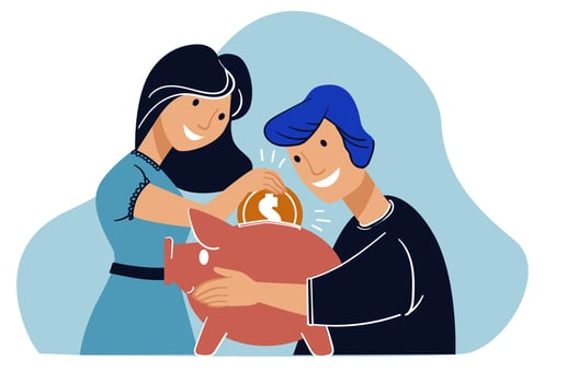 Young couple saving money in piggy bank for future vector