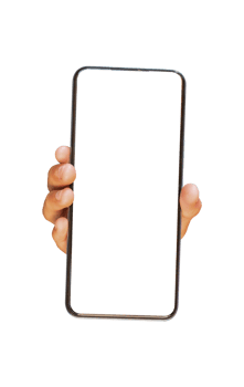 Hand holding mobile phone with blank transparent screen and background - PNG file.