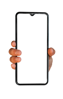 Hand holding mobile phone with blank transparent screen and background - PNG file.