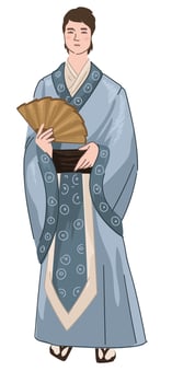 Japanse man wearing traditional kimono holding fan vector
