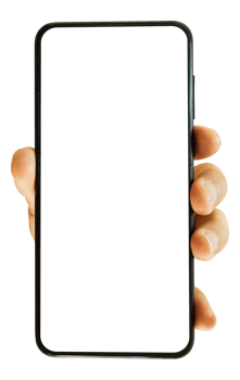 Hand holding mobile smartphone with blank transparent screen and background - PNG file.
