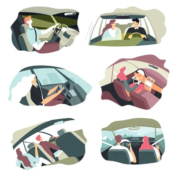 People traveling by car, couples and pairs on trip vector